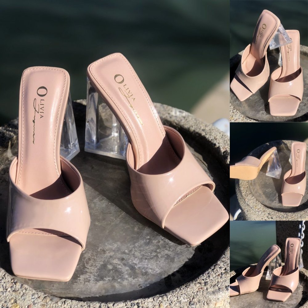 NEW Patent Clear Triangle High Block Heel Square Toe Slip On Sandals Mules Shoes - Picture 8 of 10